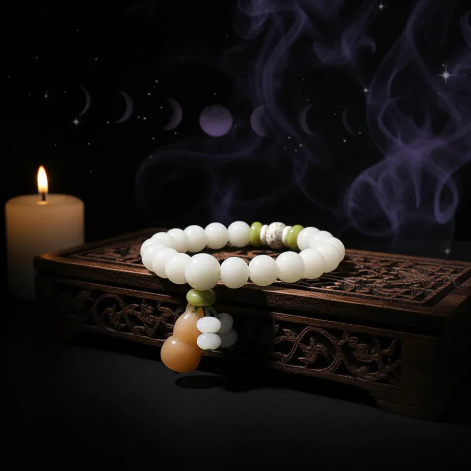 White Jade Bracelet - Sorceress Sanctuary Single Circle Style 5-6x8 Red Dot Lotus-6x8 Lotus With Leather-6x8Five Layer Lotus Flower-Single Circle Style 1