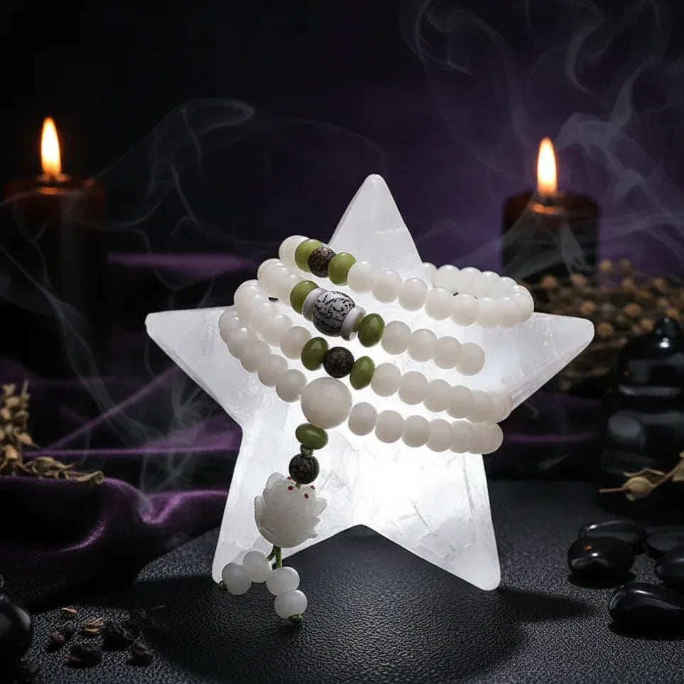 White Jade Bracelet - Sorceress Sanctuary Single Circle Style 5-6x8 Red Dot Lotus-6x8 Lotus With Leather-6x8Five Layer Lotus Flower-Single Circle Style 1