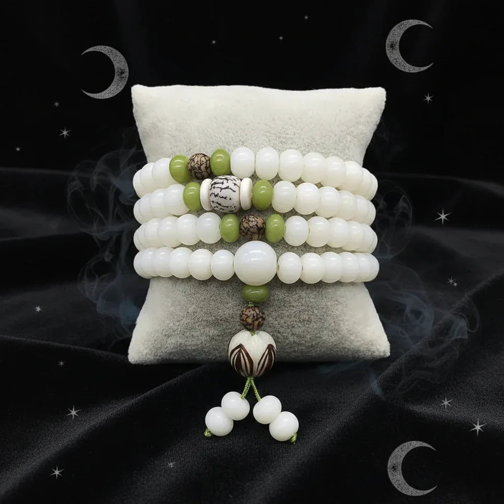 White Jade Bracelet - Sorceress Sanctuary Single Circle Style 5-6x8 Red Dot Lotus-6x8 Lotus With Leather-6x8Five Layer Lotus Flower-Single Circle Style 1