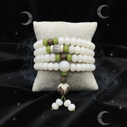 White Jade Bracelet - Sorceress Sanctuary Single Circle Style 5-6x8 Red Dot Lotus-6x8 Lotus With Leather-6x8Five Layer Lotus Flower-Single Circle Style 1