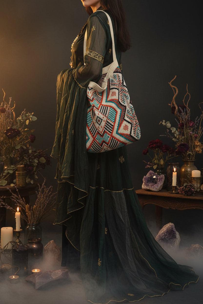 Person holding a patterned bag against a neutral background