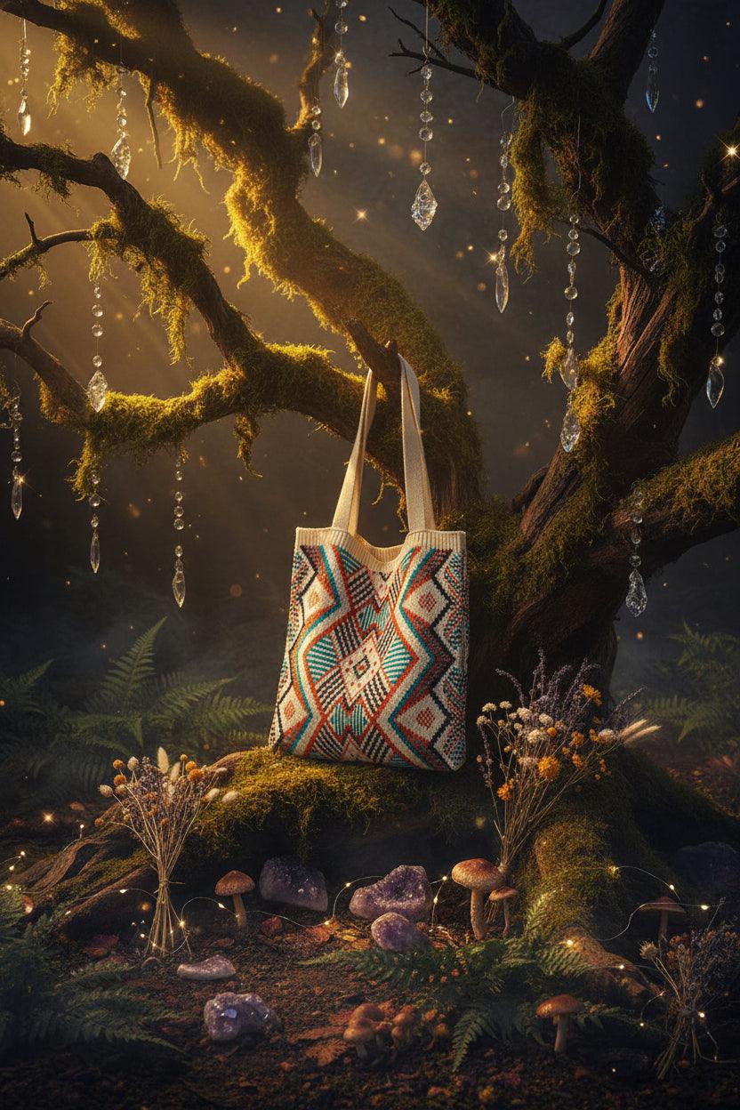 Tote bag with geometric pattern hanging on a wooden stand against a white wall.