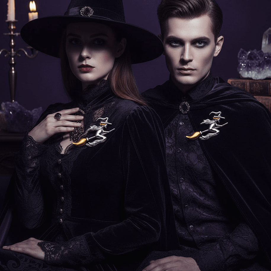 Two people in dark, formal attire with a mystical setting.