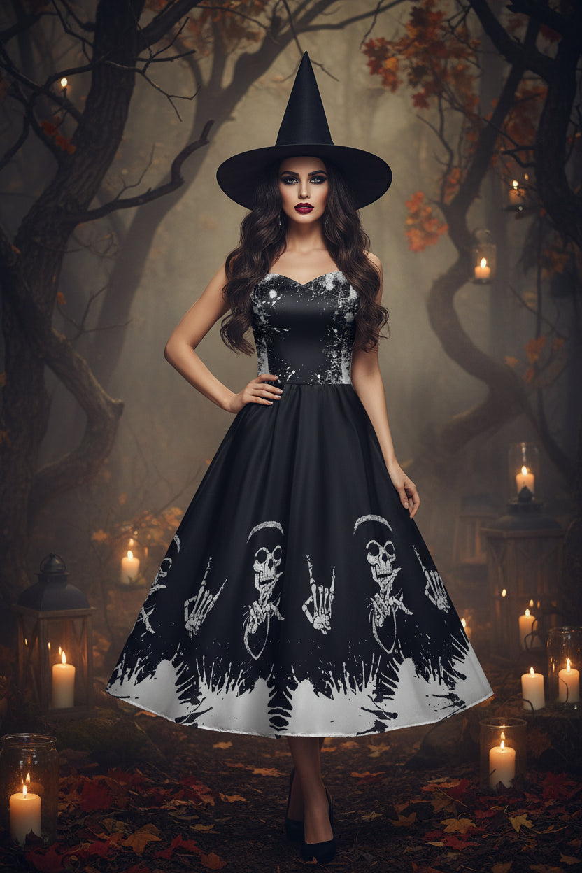 Halloween Skeleton Skull Digital Print Dress Sorceress Sanctuary