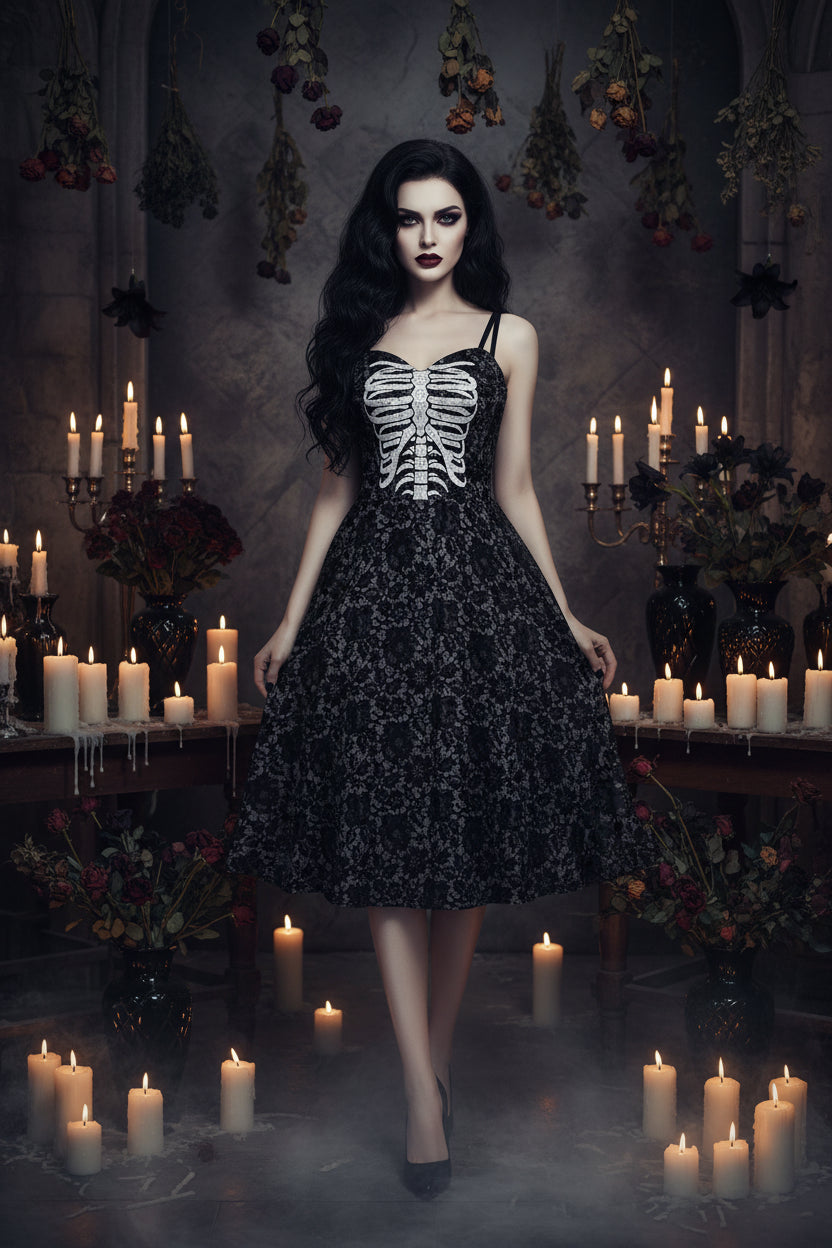 Halloween Skeleton Skull Digital Print Dress Sorceress Sanctuary