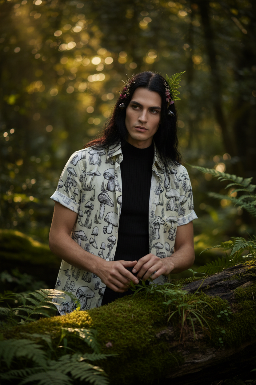 Short-sleeve shirt with mushroom pattern on a hanger against a white background