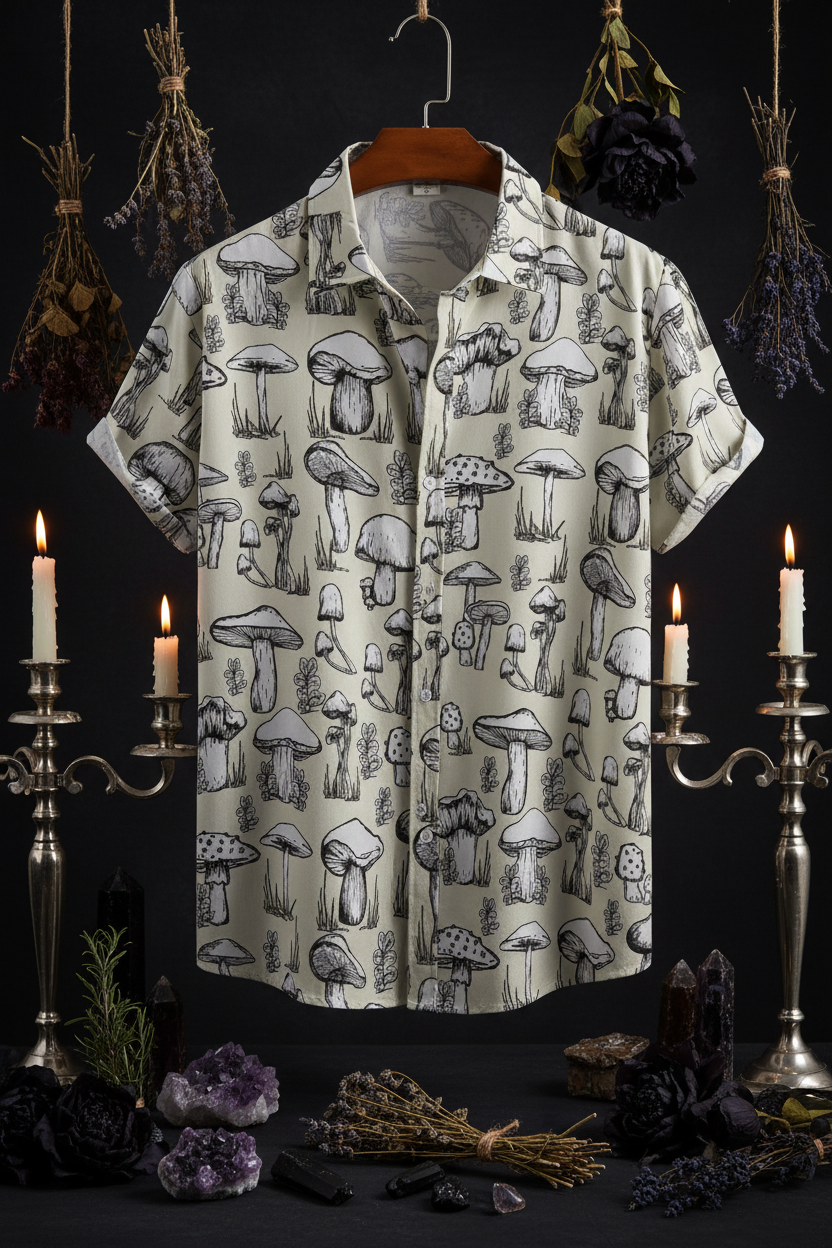 Short-sleeve shirt with mushroom pattern on a hanger against a white background