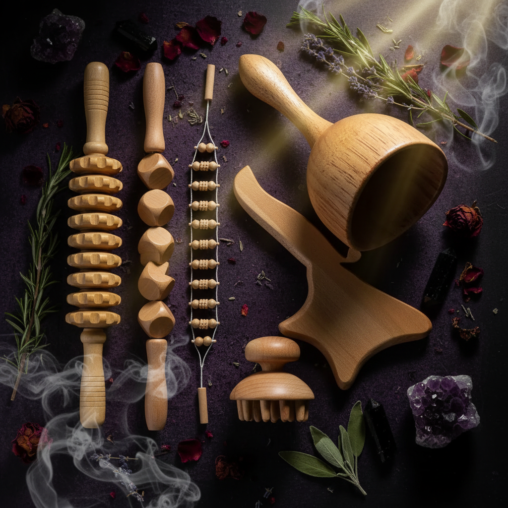 Set of wooden massage tools on a white background