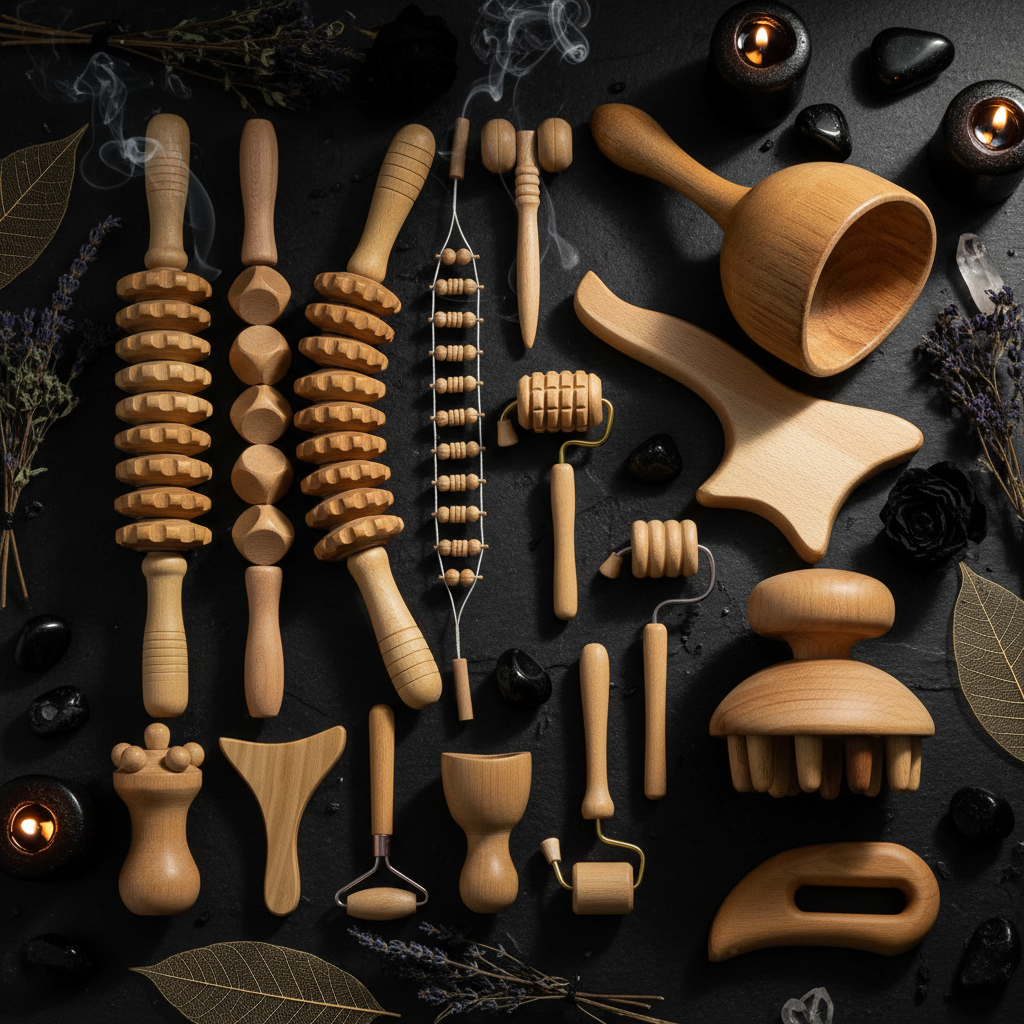 Collection of various wooden massage tools on a white background