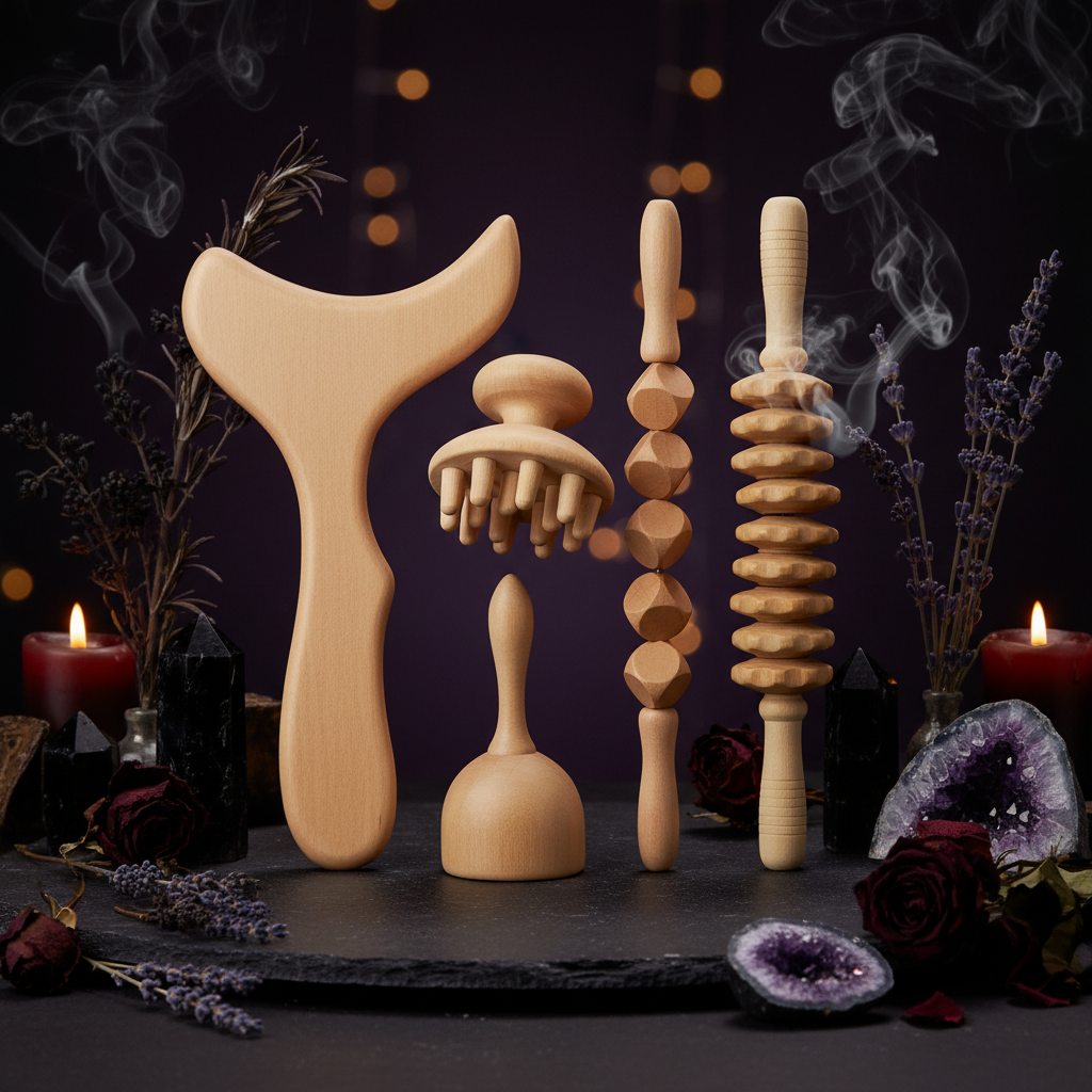 Set of wooden massage tools on a white background
