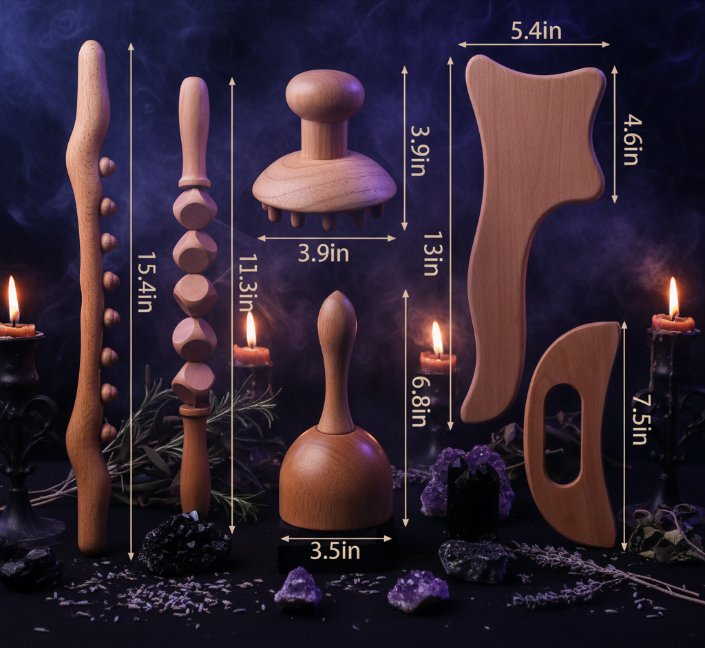 Set of wooden massage tools with measurements indicated