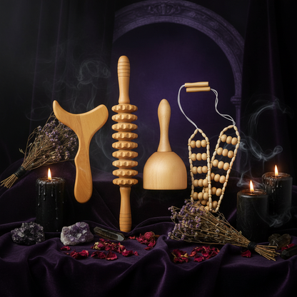 Set of wooden massage tools including a paddle, roller, bell, and beaded chain on a white background.