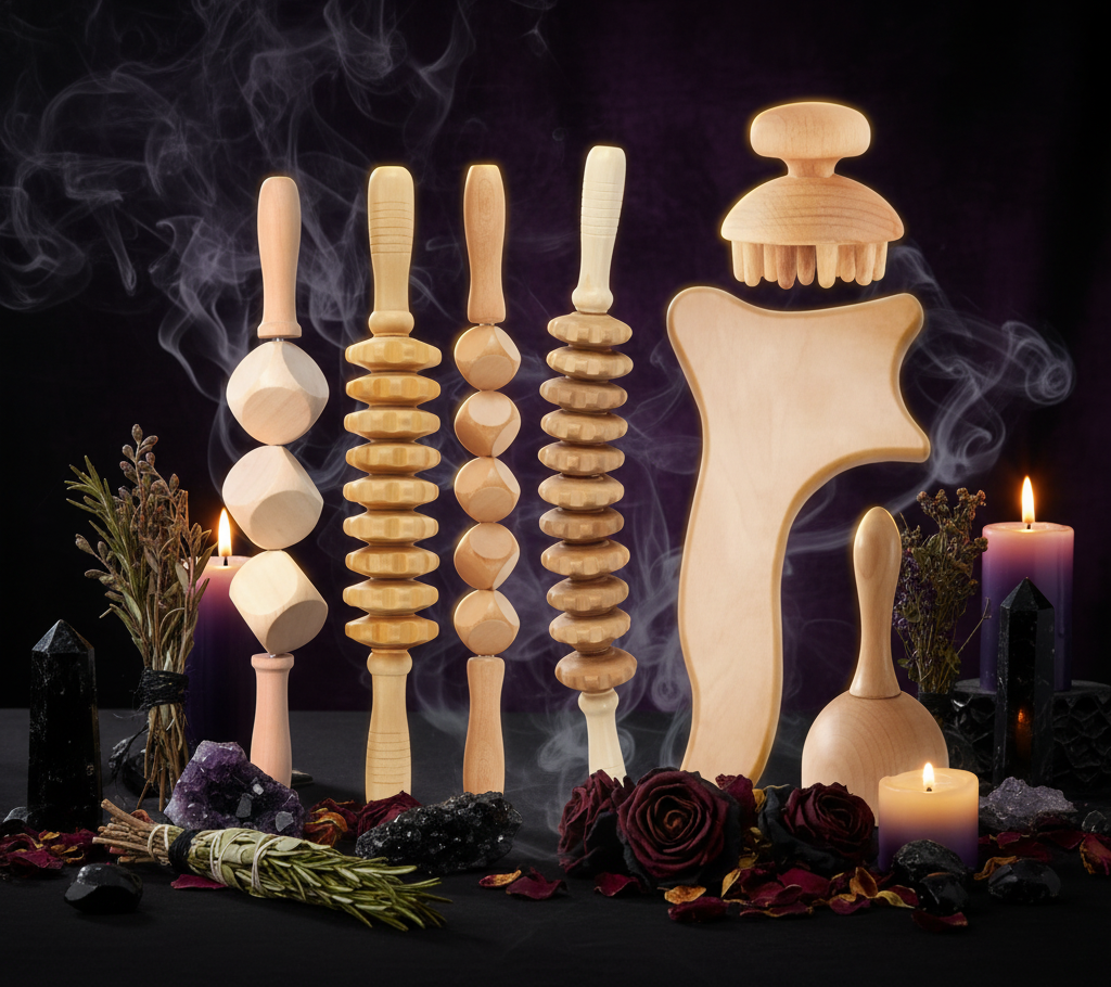 Set of wooden massage tools on a white background