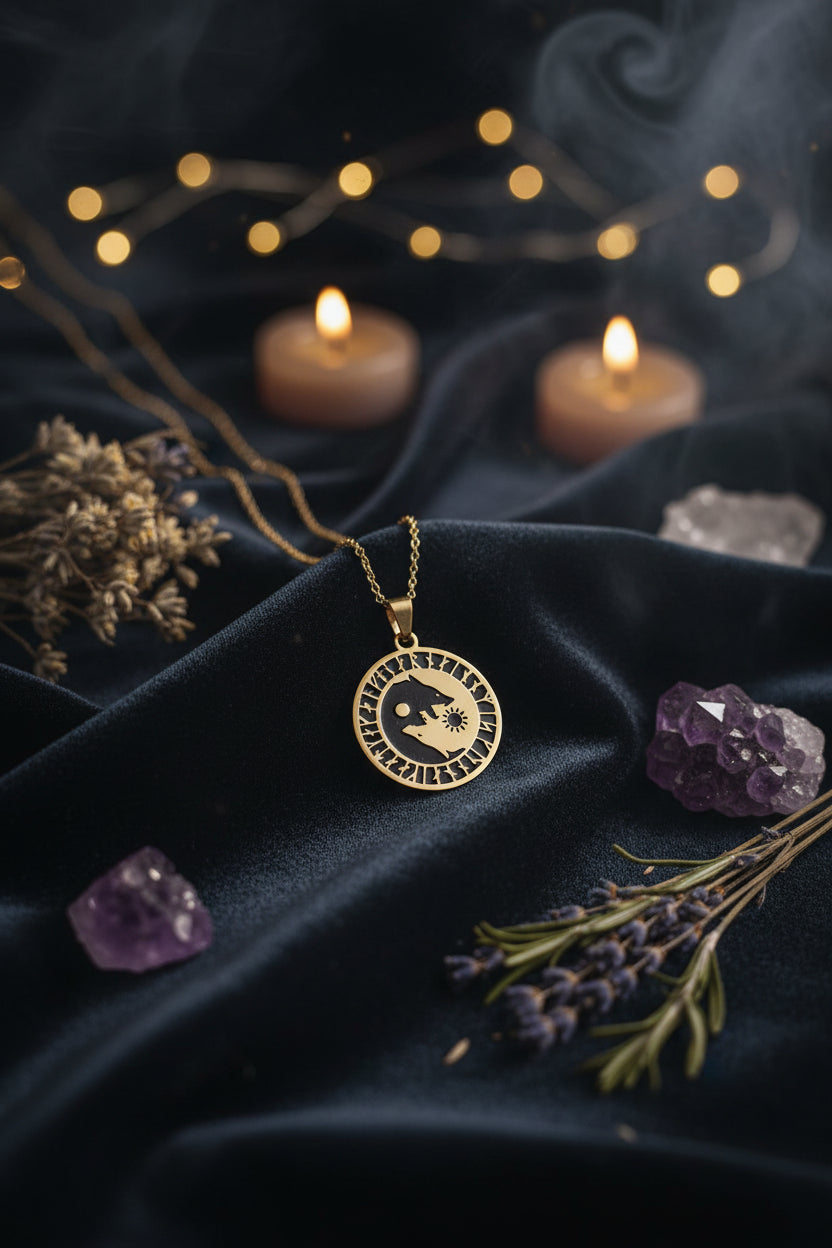Gold necklace with a circular pendant featuring a bear design on a white background