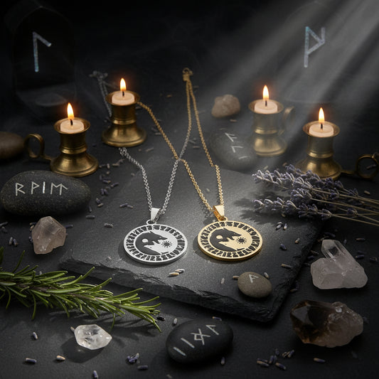 Two necklaces with circular pendants featuring a wolf design on a white background.