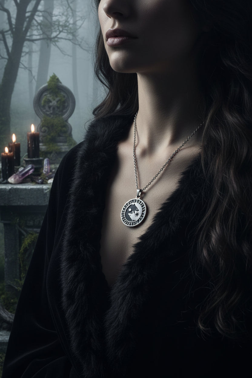 Silver necklace with a wolf and moon pendant on a skin-toned surface
