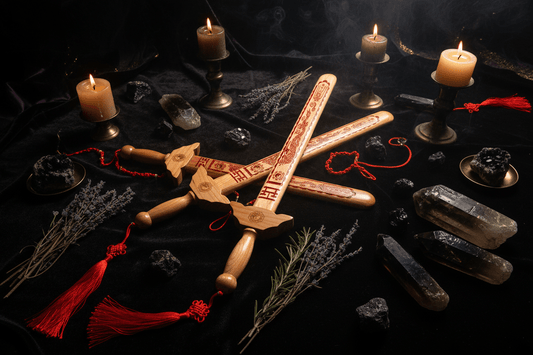 Set of wooden swords with intricate carvings and red tassels on a white background