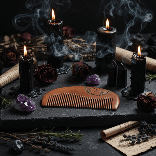 Brown wooden comb with intricate carvings on a textured black surface with a blue tiled background.