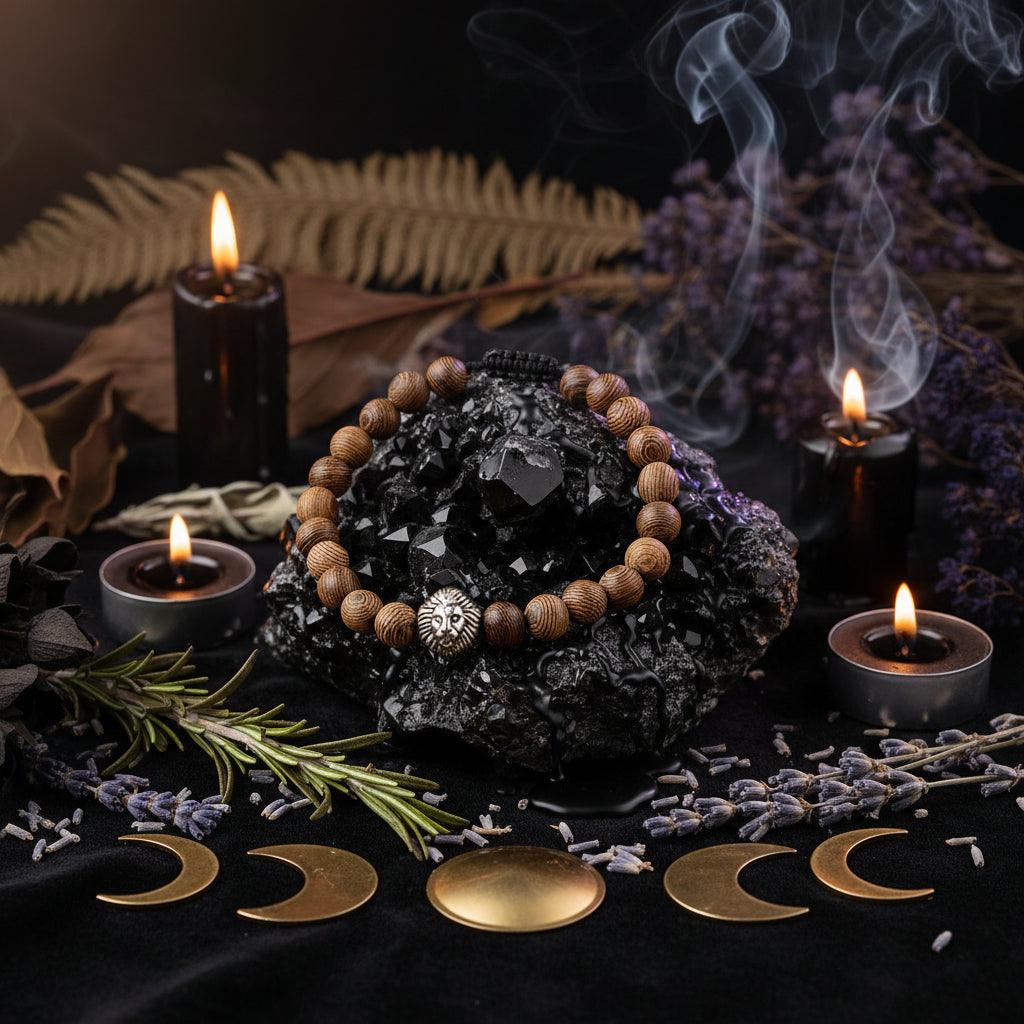 Wooden beaded bracelet with a lion head charm on a textured surface