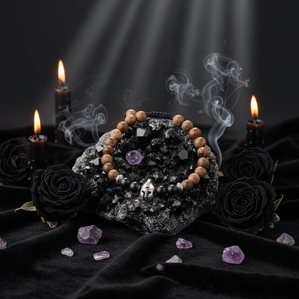 Wooden beaded bracelet with black stones and silver charm on a textured surface