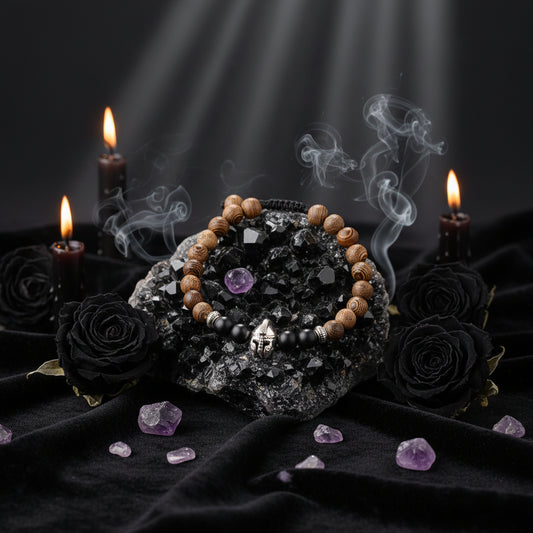 Wooden beaded bracelet with black stones and silver charm on a textured surface