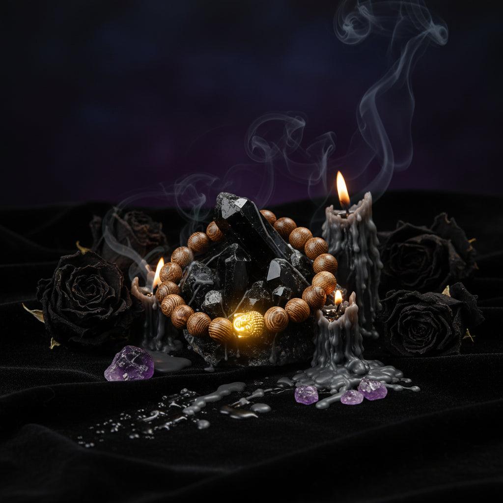 Wooden beaded bracelet with a gold Buddha figure on a textured surface