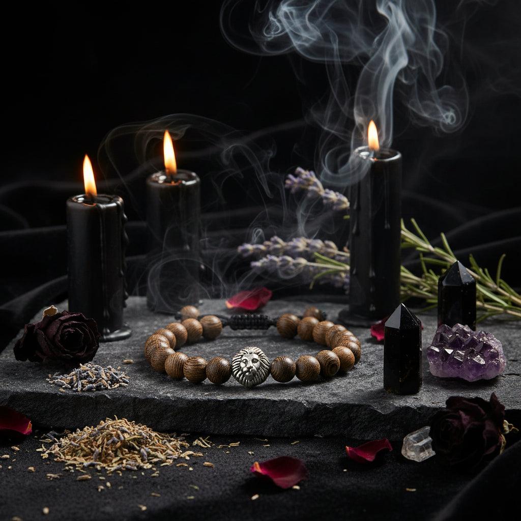 Wooden beaded bracelet with a lion head charm on a white background