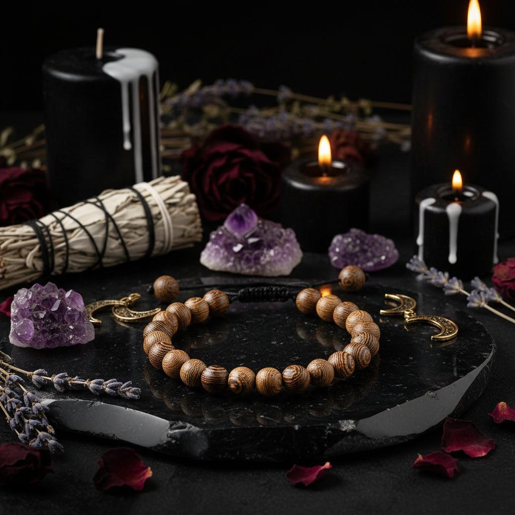 Wooden beaded bracelet on a textured surface