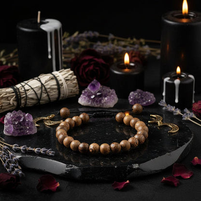 Wooden beaded bracelet on a textured surface