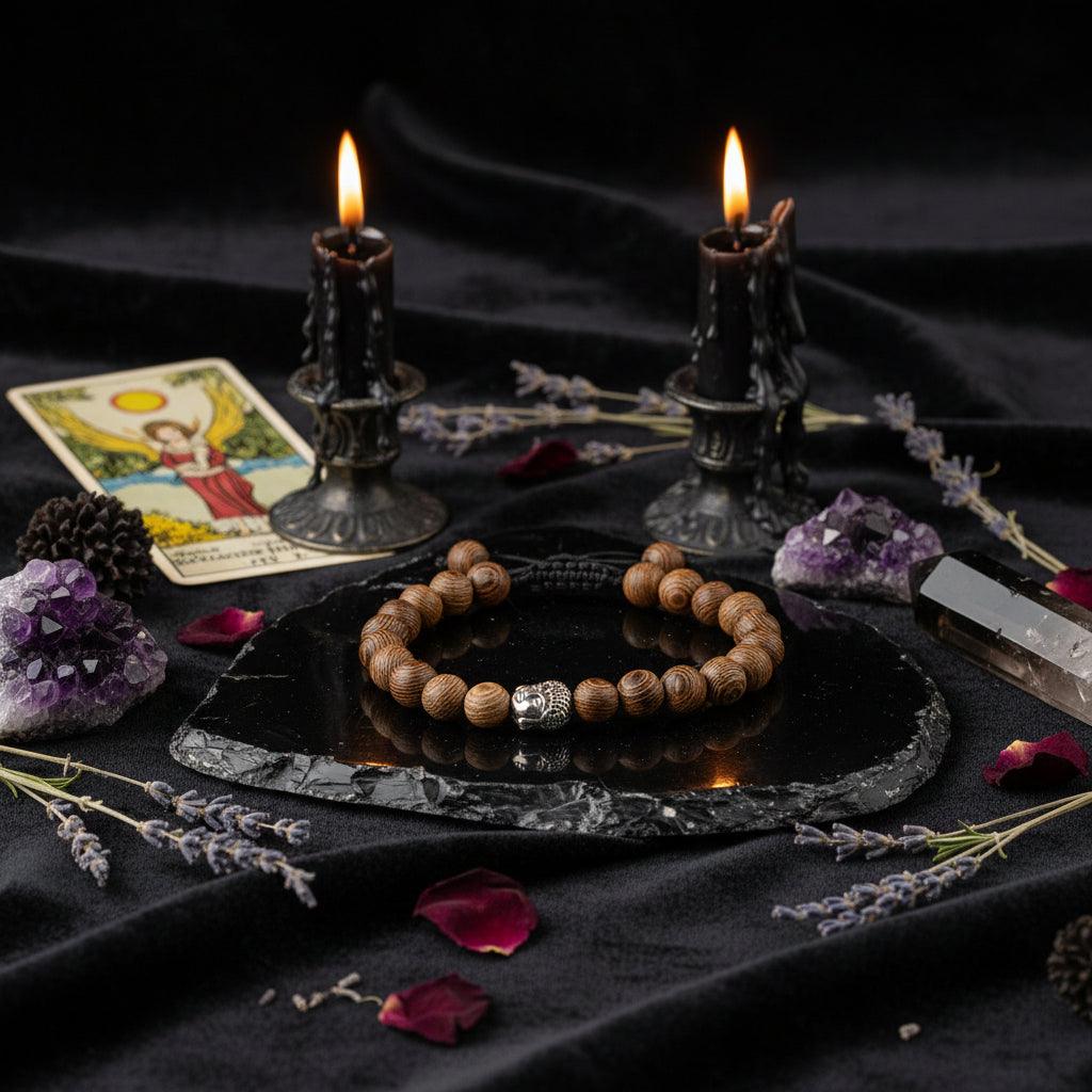 Wooden beaded bracelet with a silver Buddha charm on a textured surface