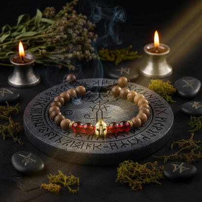 Wooden beaded bracelet with red gemstones and a gold helmet charm on a dark surface