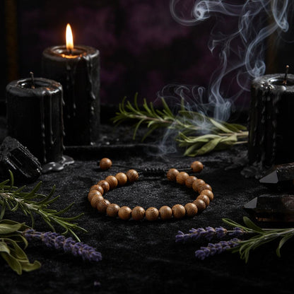 Wooden beaded bracelet on a textured surface with wooden block