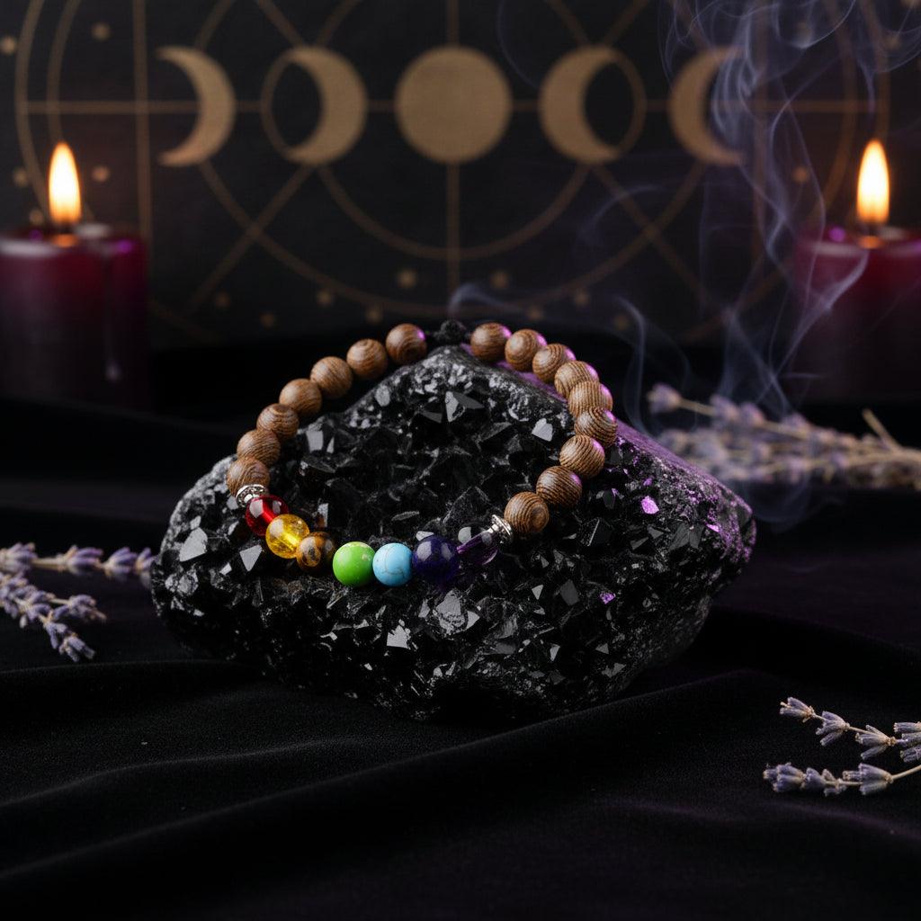 Multicolored beaded bracelet on a textured surface with a wooden box in the background