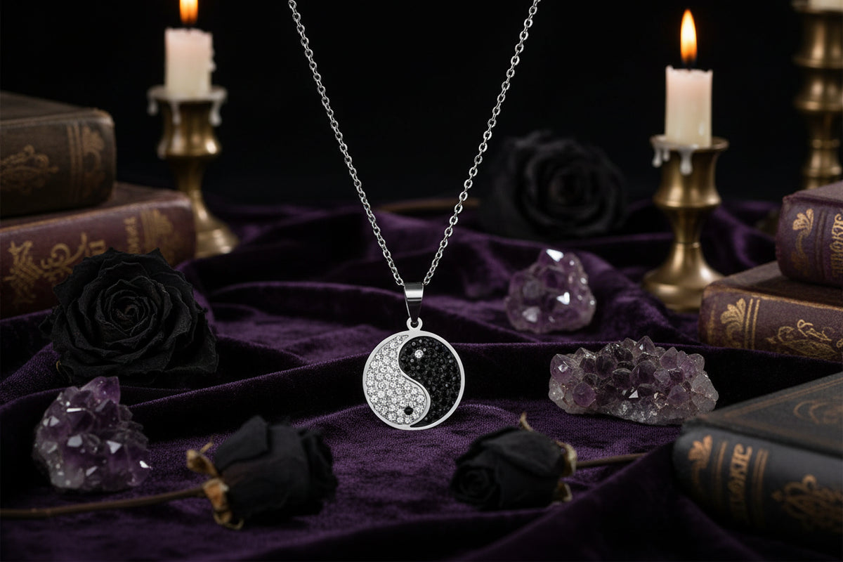 Yin Yang Crystal Necklace - Sorceress Sanctuary Steel color