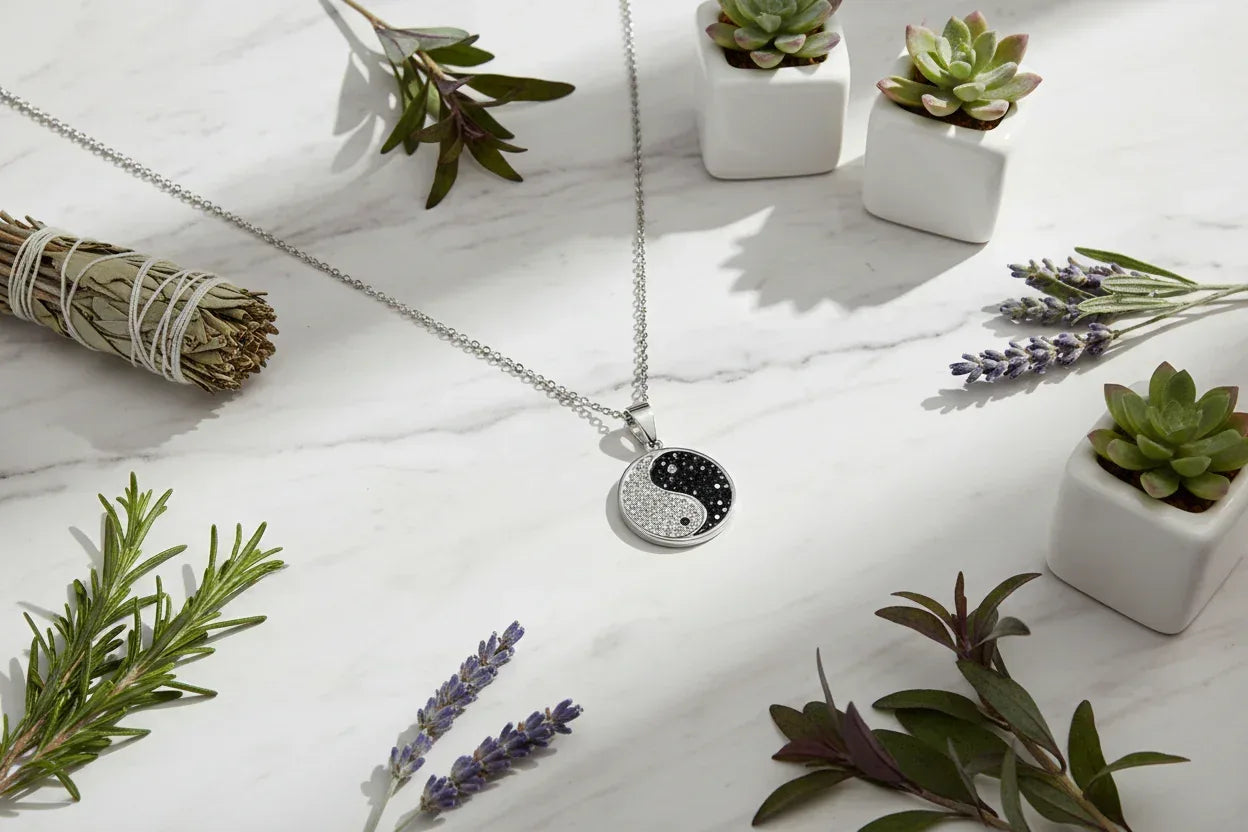 Yin Yang Crystal Necklace - Sorceress Sanctuary Steel color