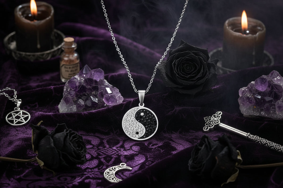 Yin Yang Crystal Necklace - Sorceress Sanctuary Steel color