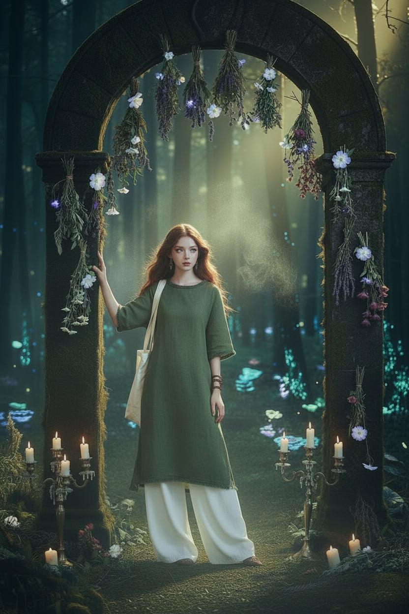 Woman in a green dress standing in an industrial setting