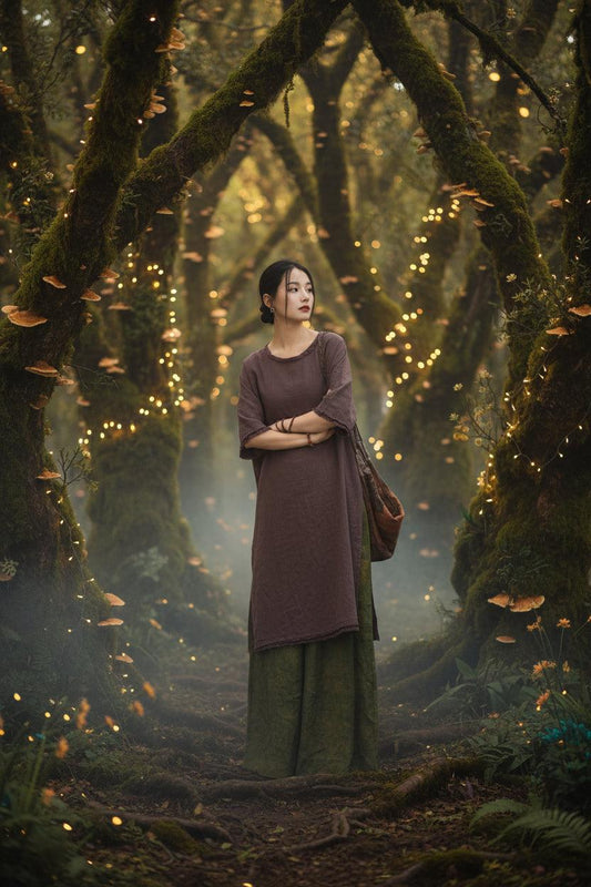 Woman in a brown and green outfit standing in an abandoned building.
