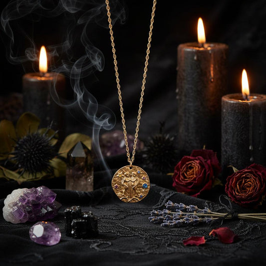 Gold necklace with a circular pendant featuring a religious figure and colored stones on a white background