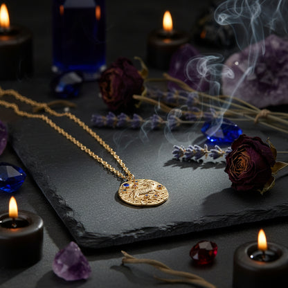 Gold necklace with a zodiac pendant on a white background