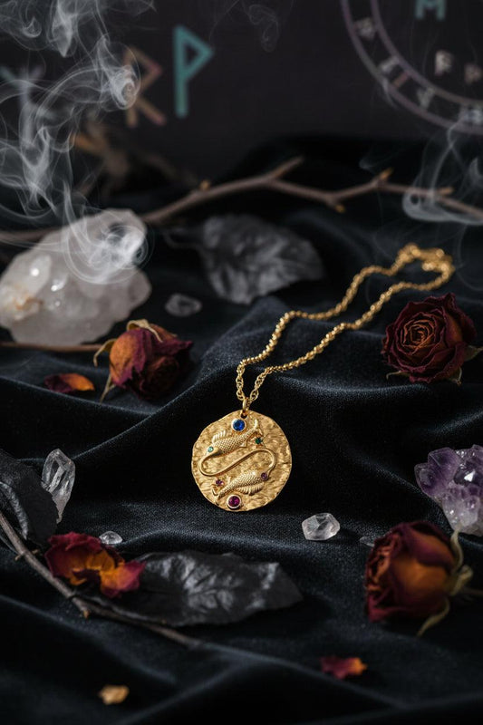Gold necklace with a circular pendant featuring gemstones on a white background