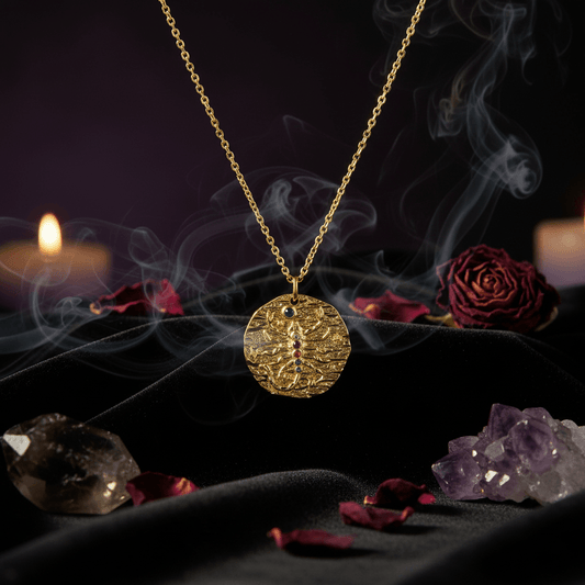 Gold necklace with a round pendant featuring colorful stones on a white background
