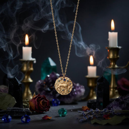 Rose gold necklace with a blue gemstone pendant on a white background