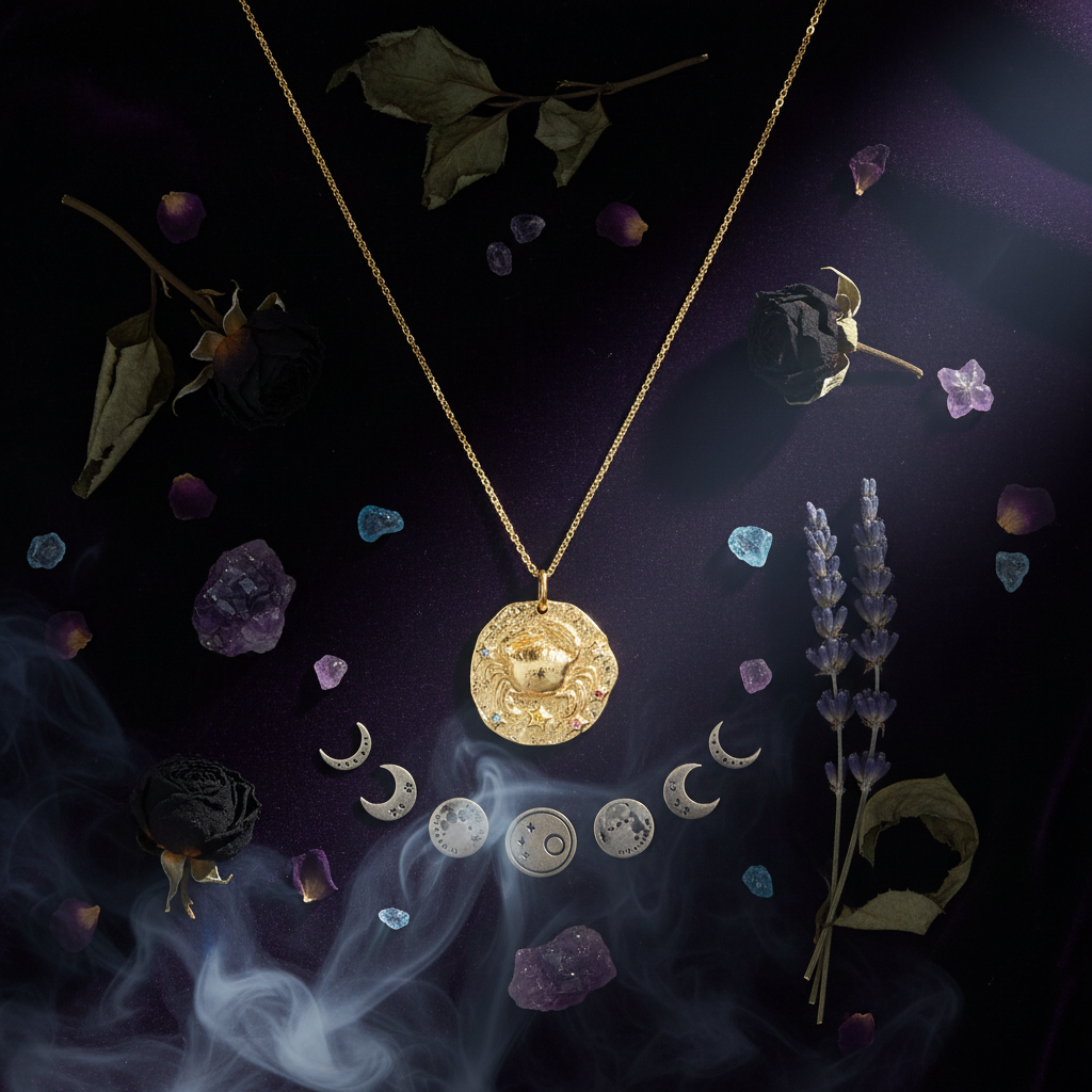 Gold necklace with a zodiac pendant on a white background