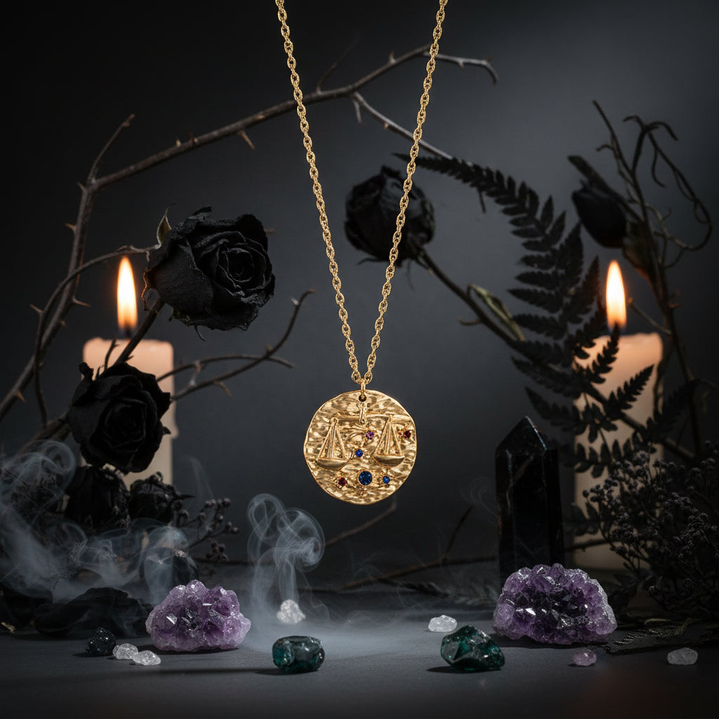 Gold necklace with a round pendant featuring gemstones on a white background