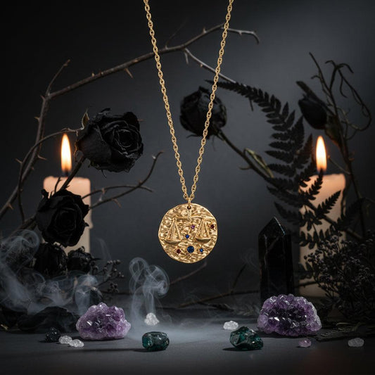 Gold necklace with a round pendant featuring gemstones on a white background