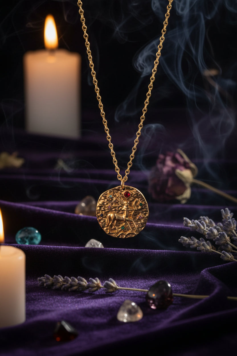Gold necklace with a round pendant featuring a deer design and colorful stones on a white background