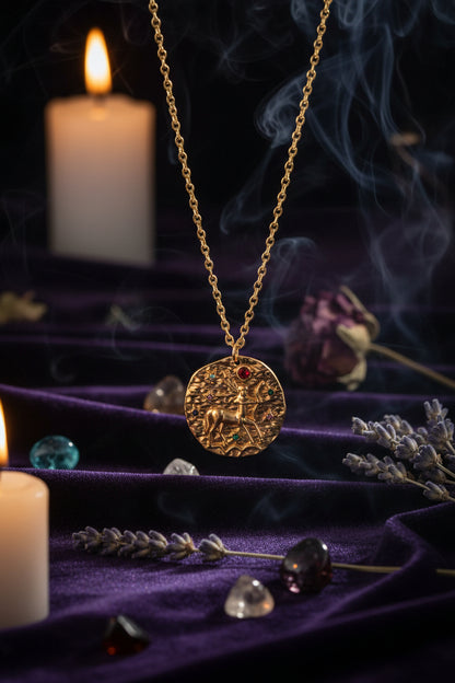 Gold necklace with a round pendant featuring a deer design and colorful stones on a white background
