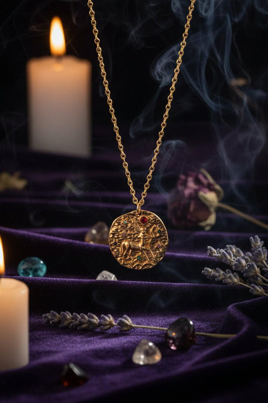 Gold necklace with a round pendant featuring a deer design and colorful stones on a white background
