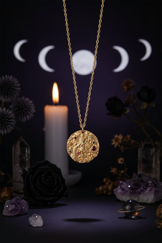 Gold necklace with a circular pendant featuring a figure and colorful stones on a white background